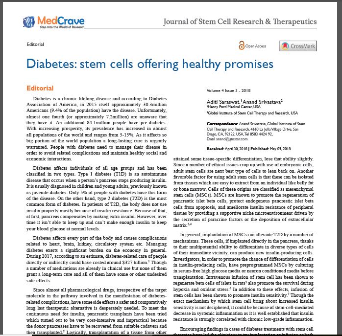 Diabetes Type 1 & 2 in Journal of Stem Cell Research & Therapeutics
