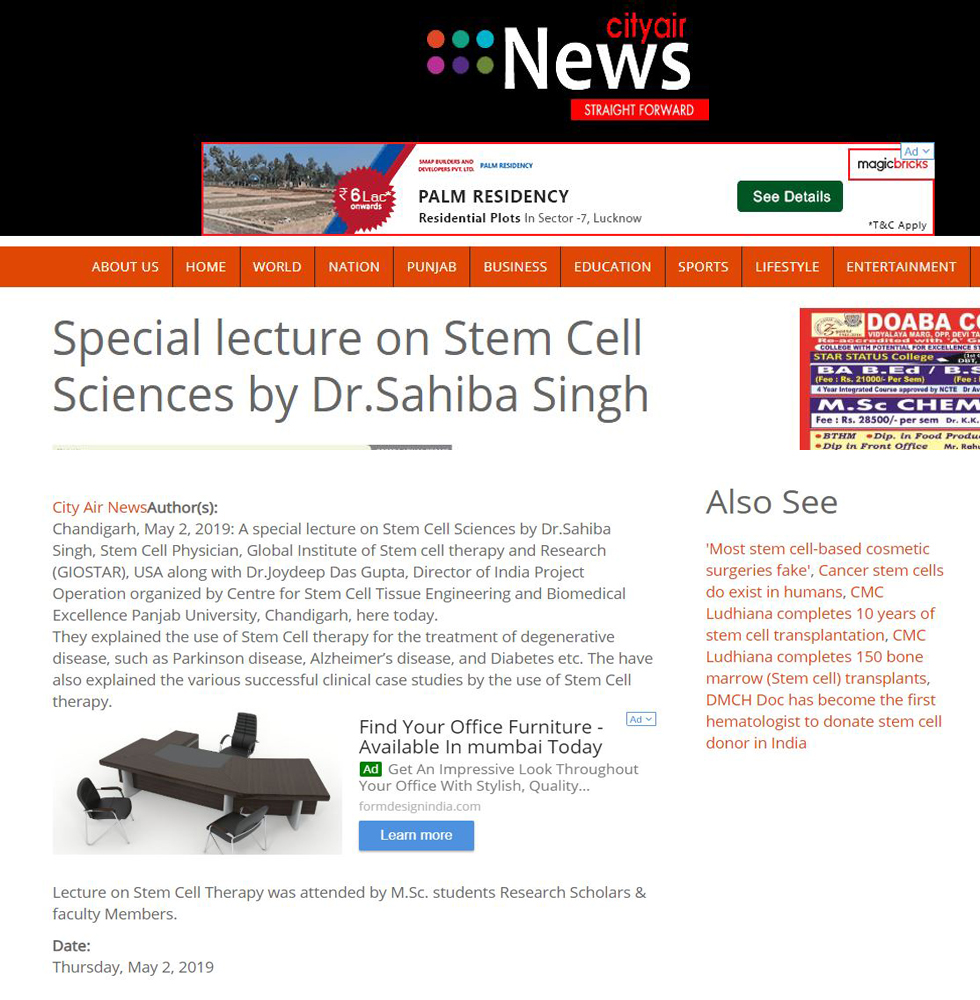Special lecture on Stem Cell Sciences by Dr.Sahiba Singh