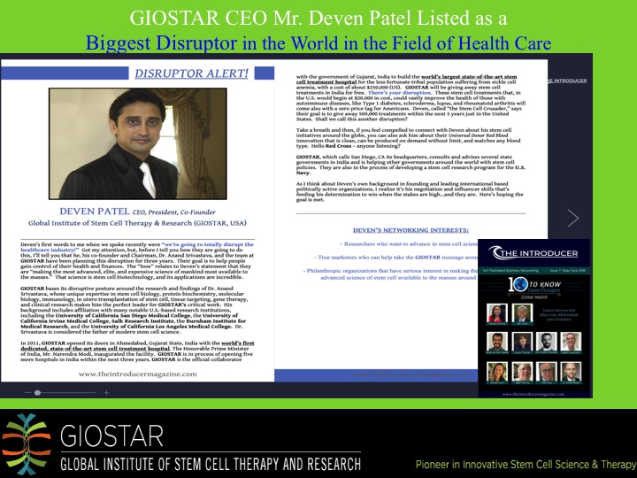 GIOSTAR CEO Mr. Deven Patel Listed as a Biggest Disruptor in the World in the Field of Health Care