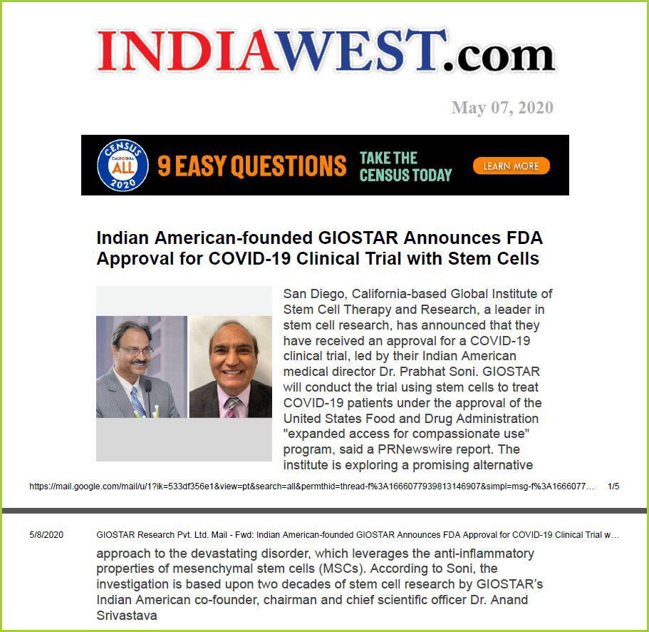 Indian American-founded GIOSTAR Announces FDA Approval for COVID-19 Clinical Trial with Stem Cells copy